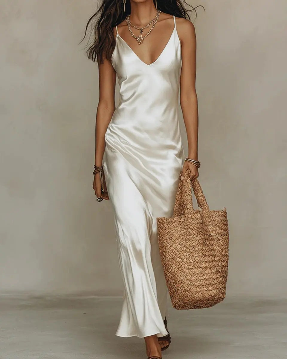 Women's Satin Midi Dress and Layered Long Sleeve Knit Jumper Set