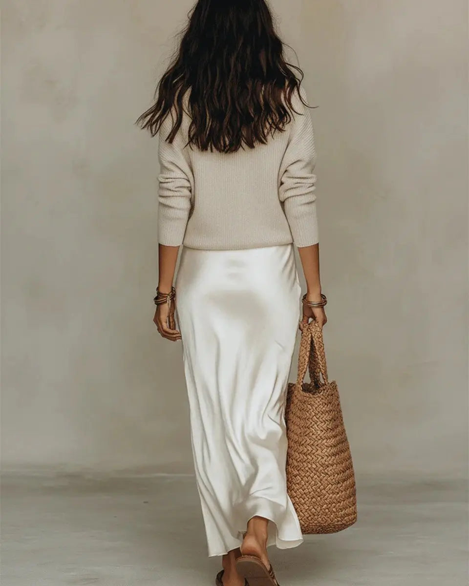 Women's Satin Midi Dress and Layered Long Sleeve Knit Jumper Set