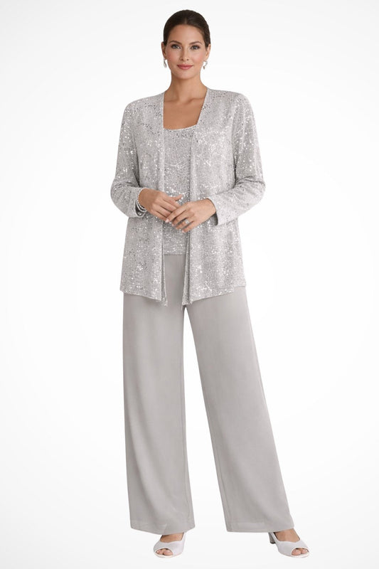 Women's Sequined Three-Piece Long Sleeve Wide-Leg Pants Suit
