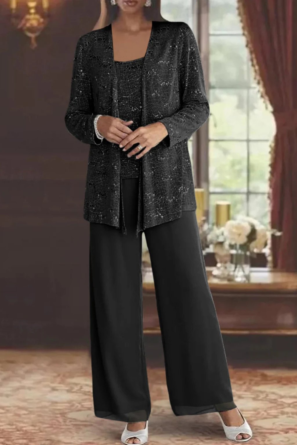 Women's Sequined Three-Piece Long Sleeve Wide-Leg Pants Suit