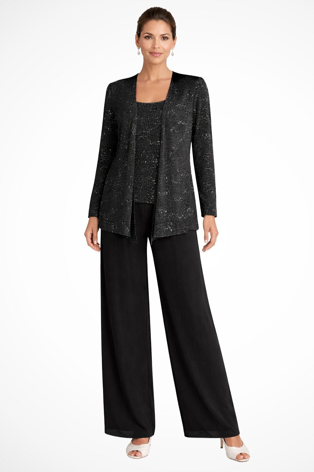 Women's Sequined Three-Piece Long Sleeve Wide-Leg Pants Suit