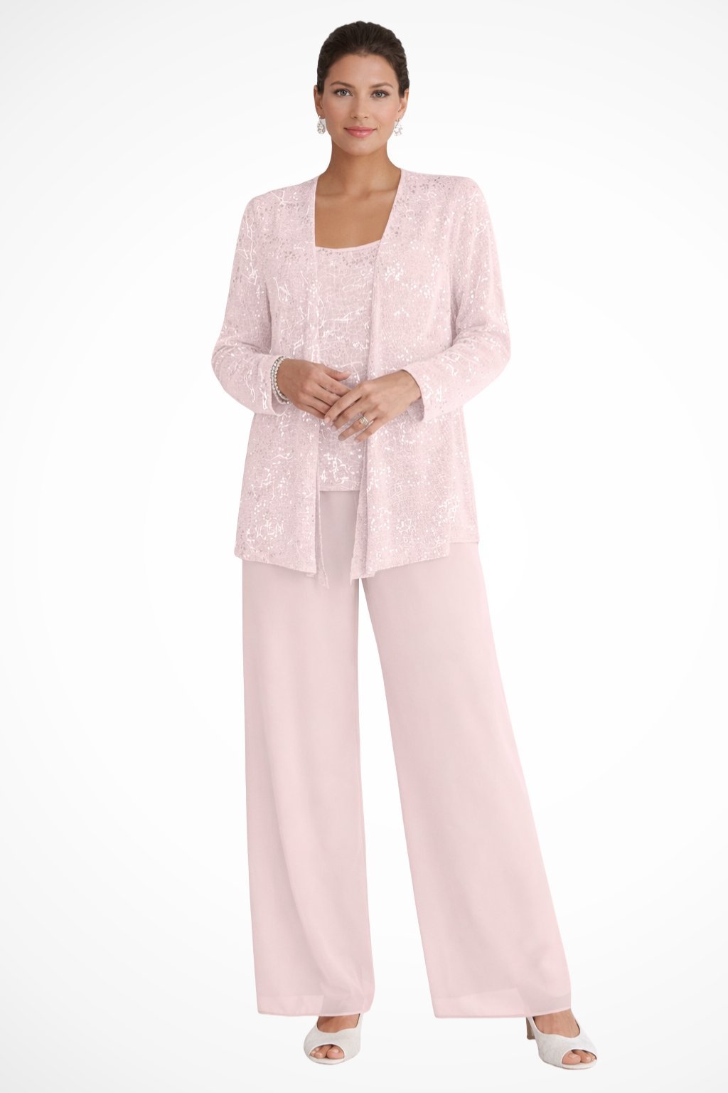 Women's Sequined Three-Piece Long Sleeve Wide-Leg Pants Suit