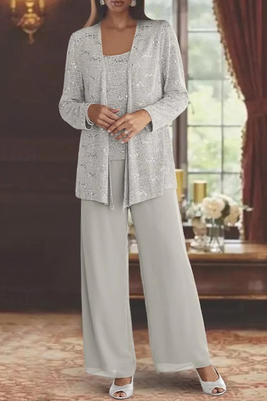 Women's Sequined Three-Piece Long Sleeve Wide-Leg Pants Suit