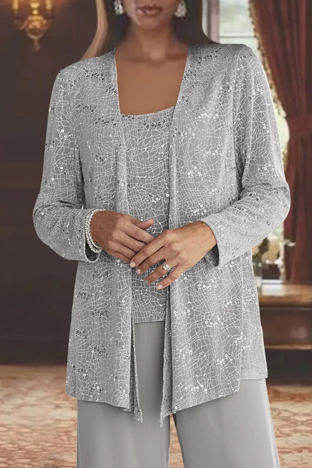 Women's Sequined Three-Piece Long Sleeve Wide-Leg Pants Suit