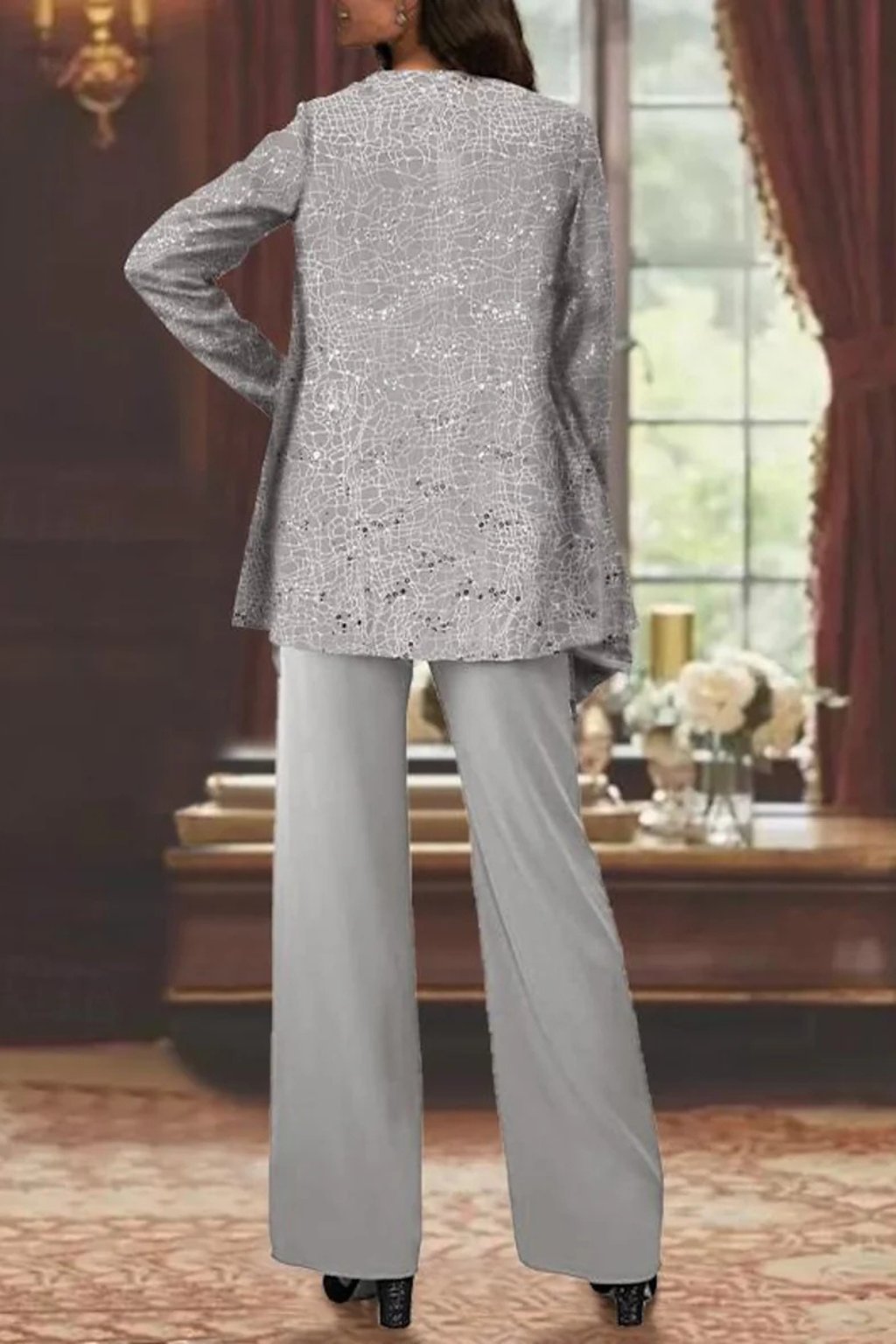 Women's Sequined Three-Piece Long Sleeve Wide-Leg Pants Suit