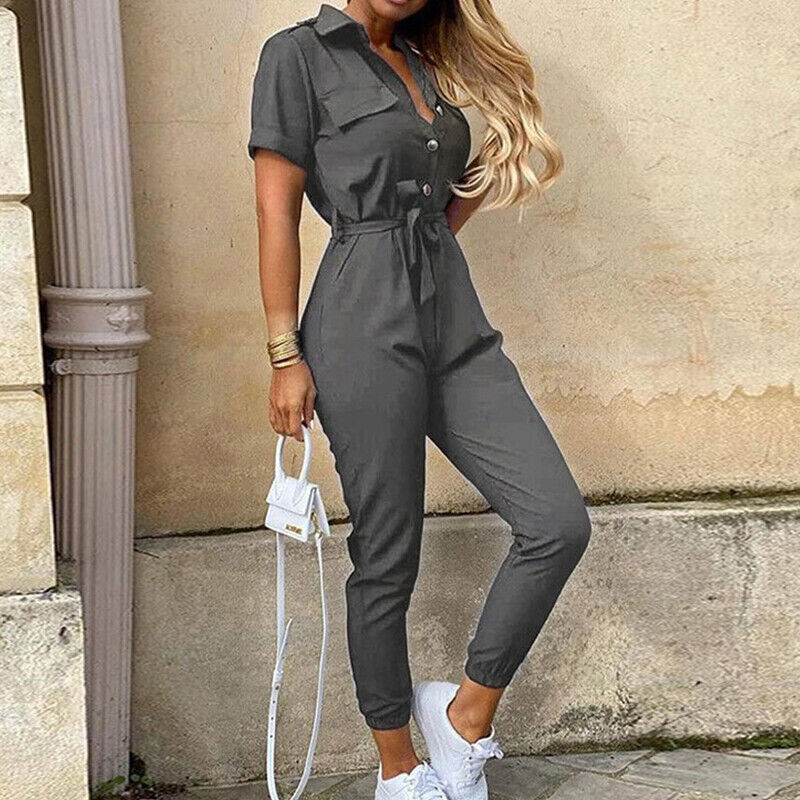 Women's Short Sleeve Jumpsuit with Belt