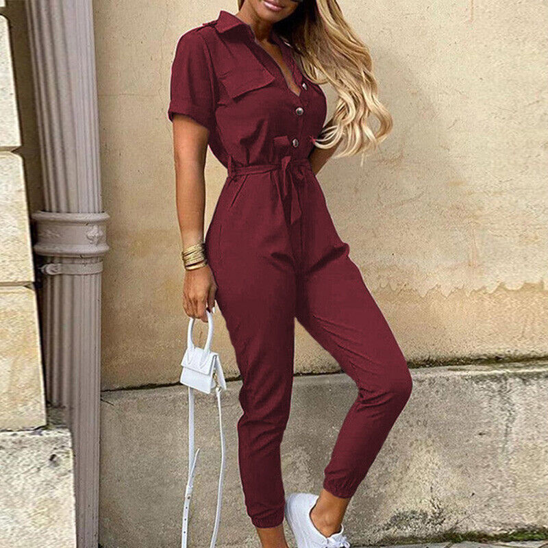 Women's Short Sleeve Jumpsuit with Belt
