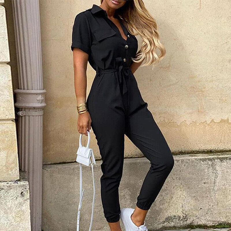 Women's Short Sleeve Jumpsuit with Belt