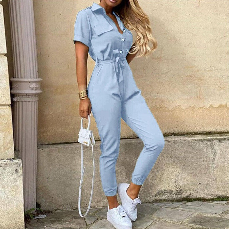 Women's Short Sleeve Jumpsuit with Belt