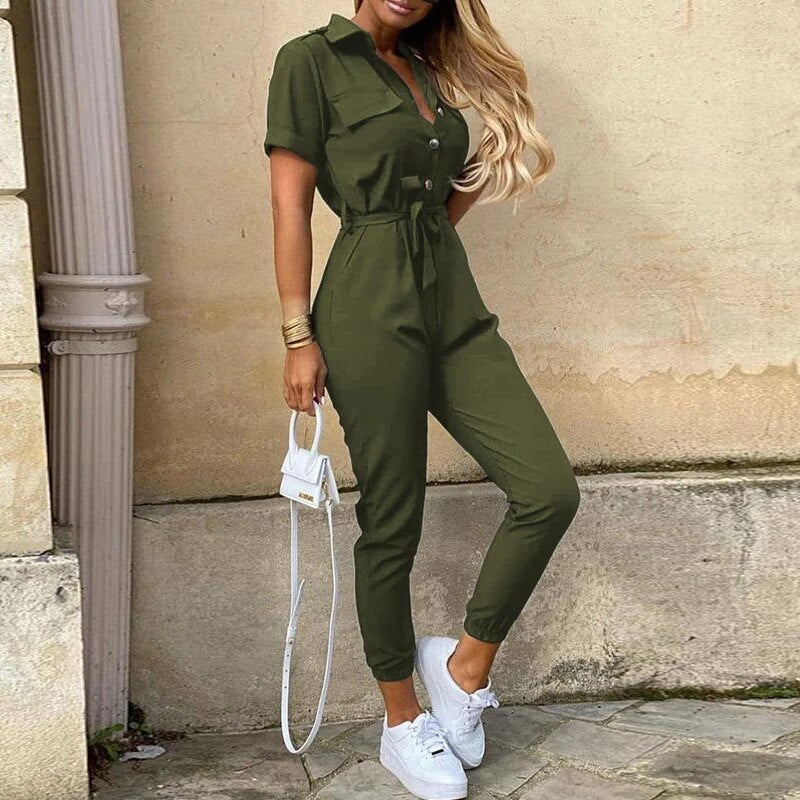 Women's Short Sleeve Jumpsuit with Belt