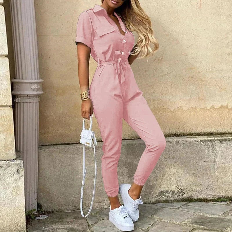 Women's Short Sleeve Jumpsuit with Belt