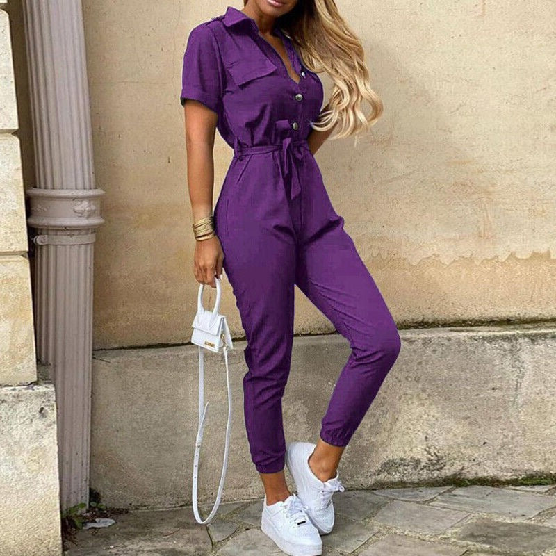 Women's Short Sleeve Jumpsuit with Belt
