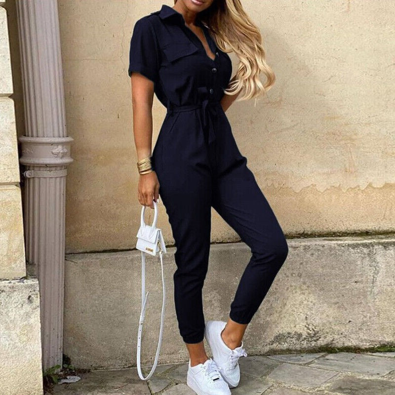 Women's Short Sleeve Jumpsuit with Belt