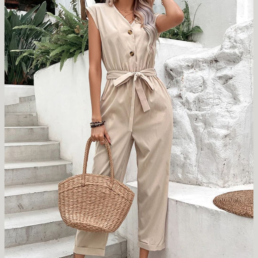 Women's Short Sleeve V-Neck Jumpsuit