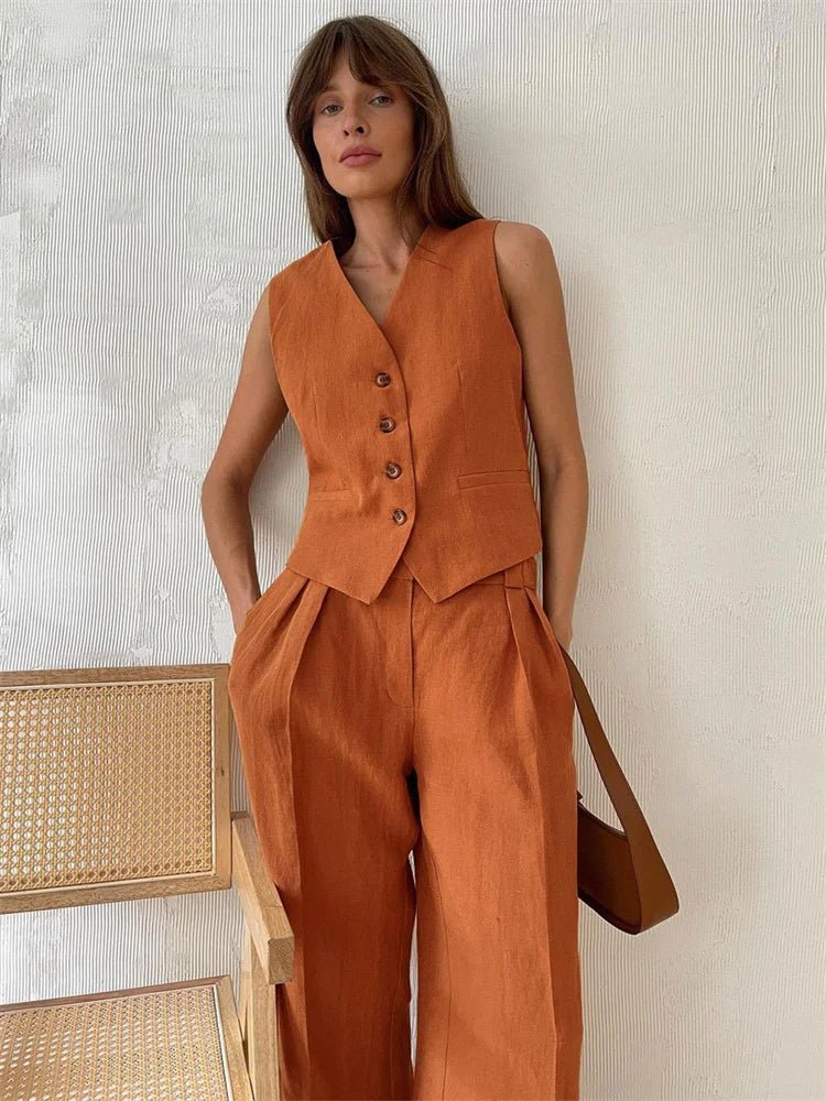 Women's Sleeveless Linen Button-Front Vest and Wide-Leg Trousers Set