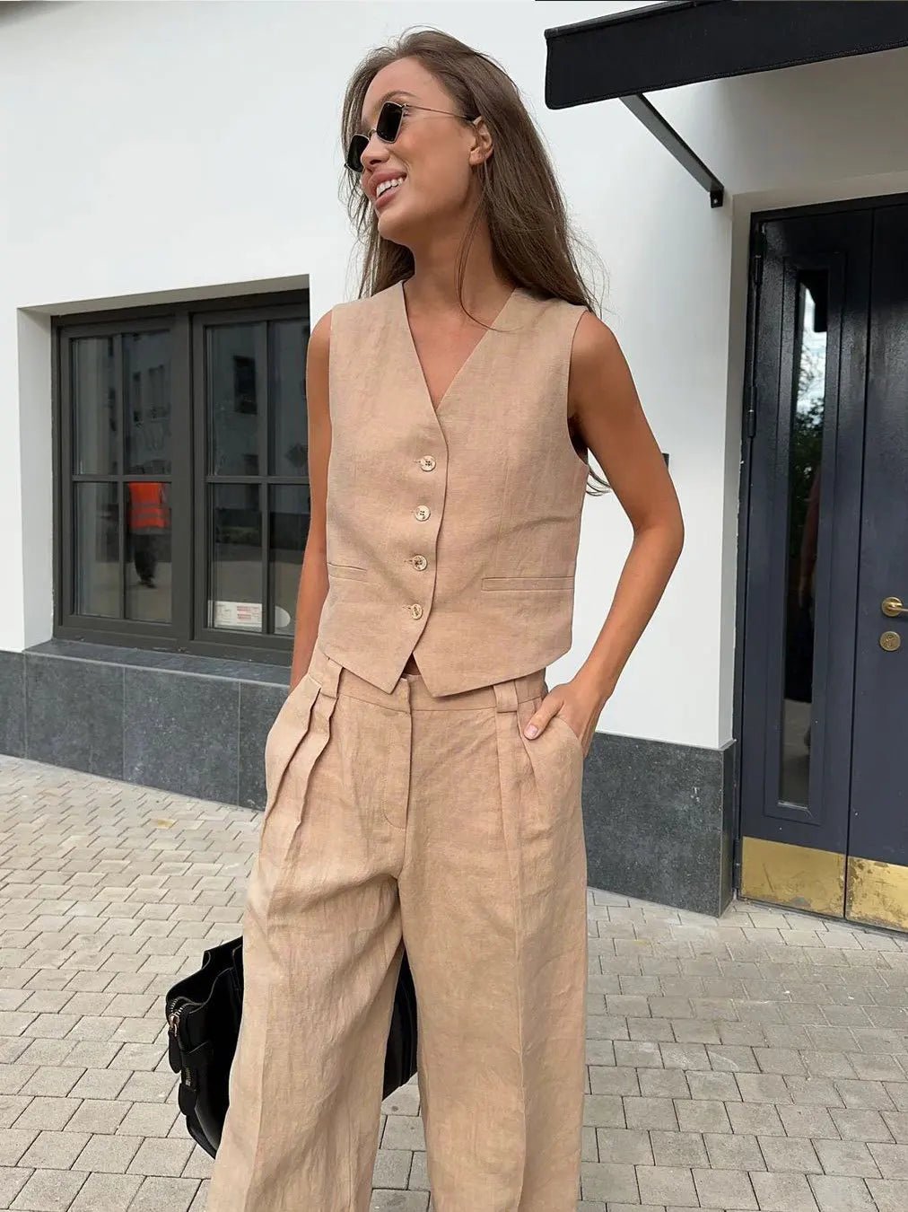 Women's Sleeveless Linen Button-Front Vest and Wide-Leg Trousers Set