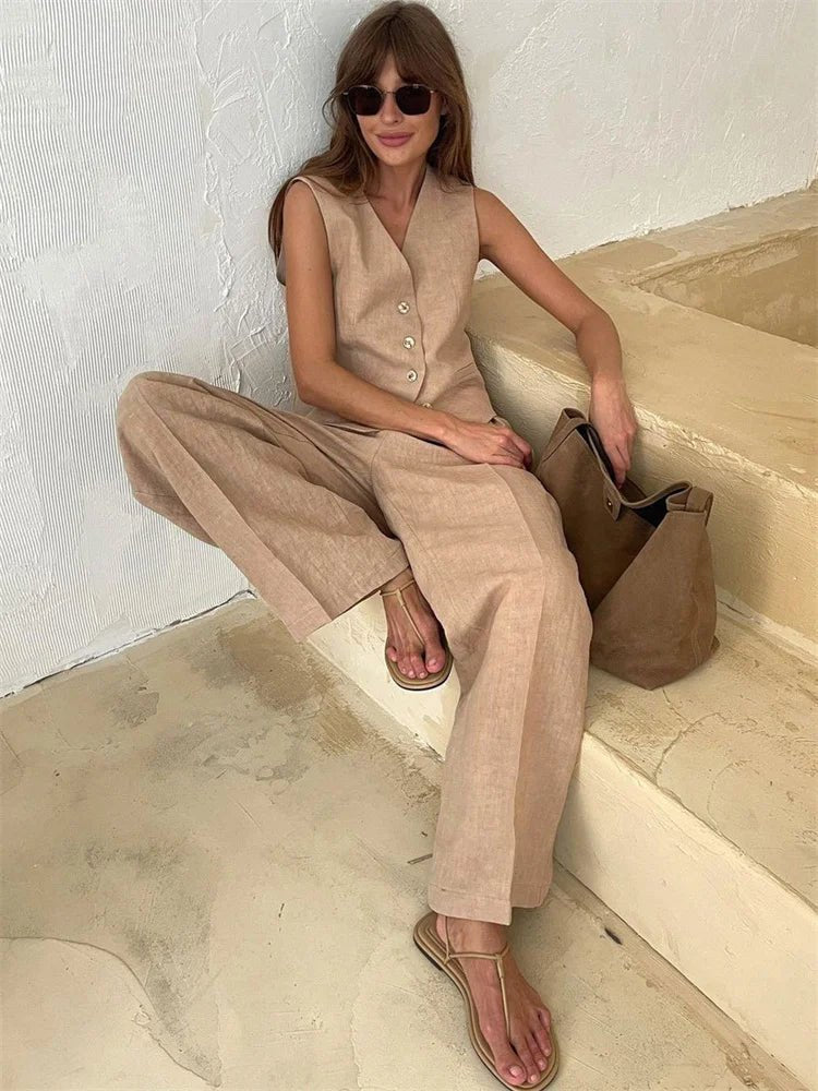 Women's Sleeveless Linen Button-Front Vest and Wide-Leg Trousers Set