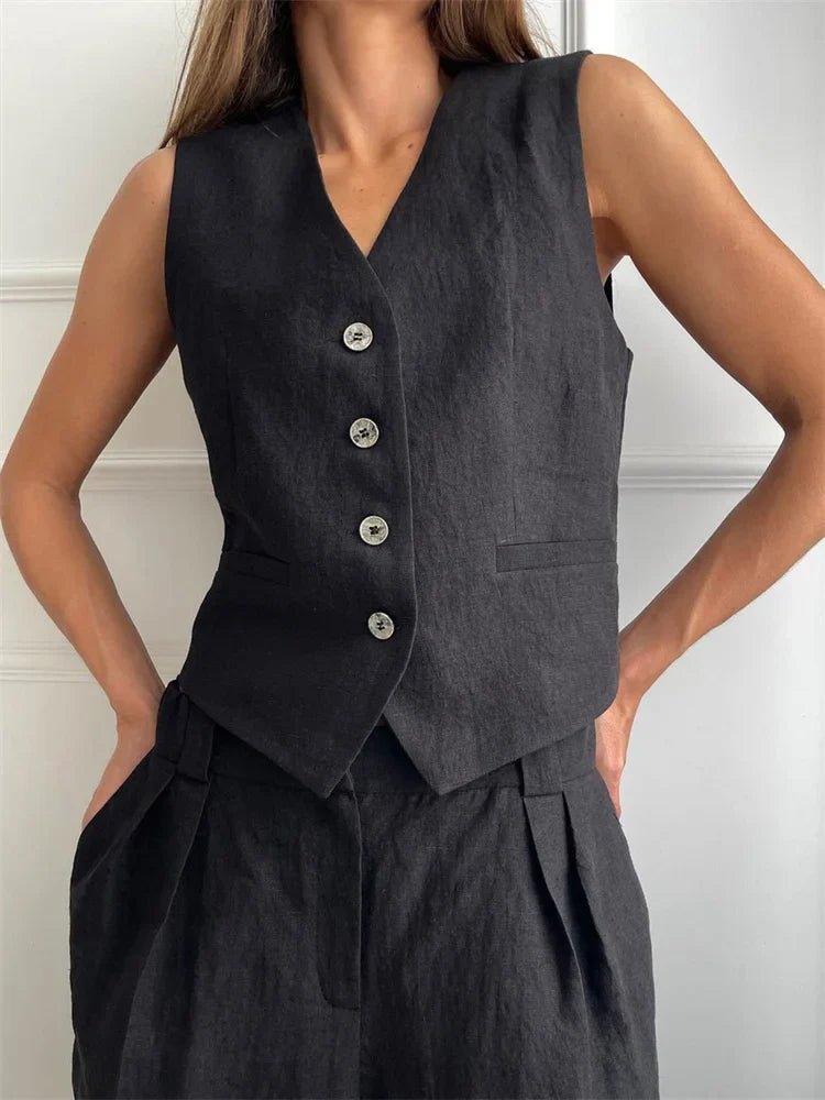 Women's Sleeveless Linen Button-Front Vest and Wide-Leg Trousers Set