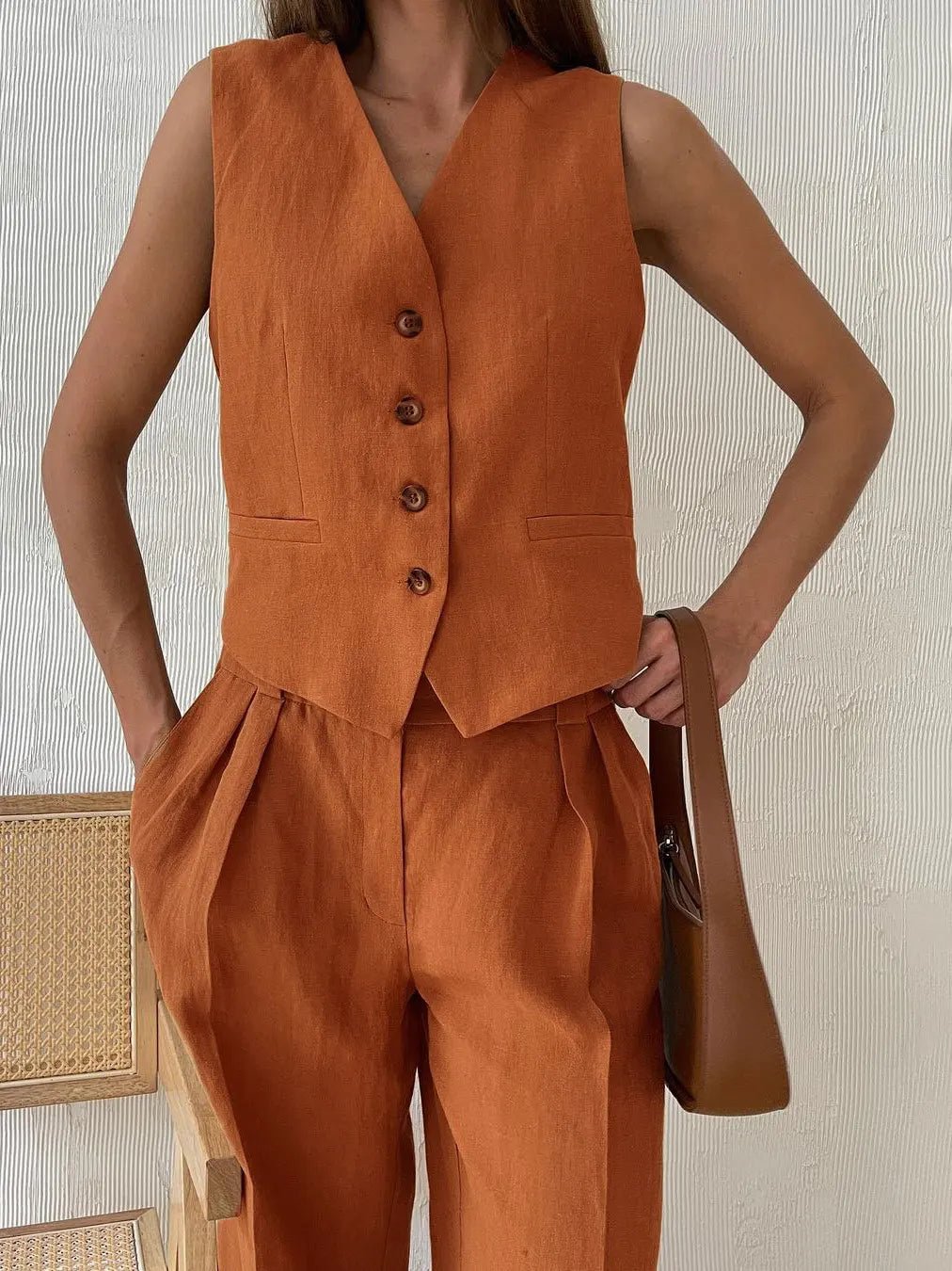 Women's Sleeveless Linen Button-Front Vest and Wide-Leg Trousers Set