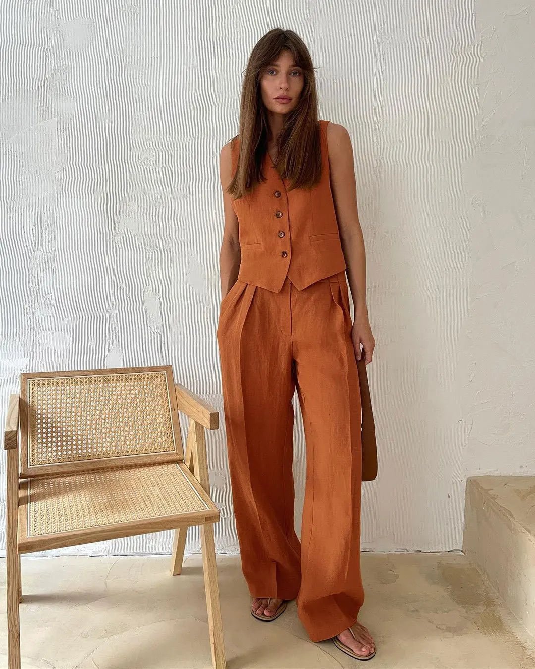 Women's Sleeveless Linen Button-Front Vest and Wide-Leg Trousers Set