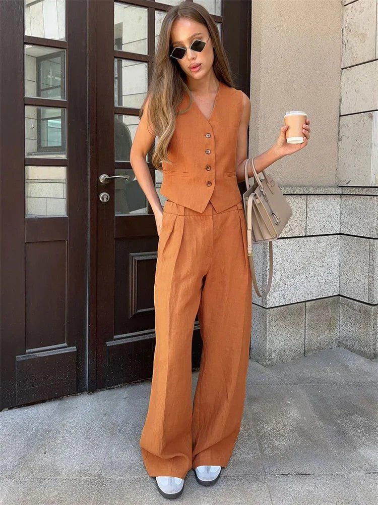 Women's Sleeveless Linen Button-Front Vest and Wide-Leg Trousers Set