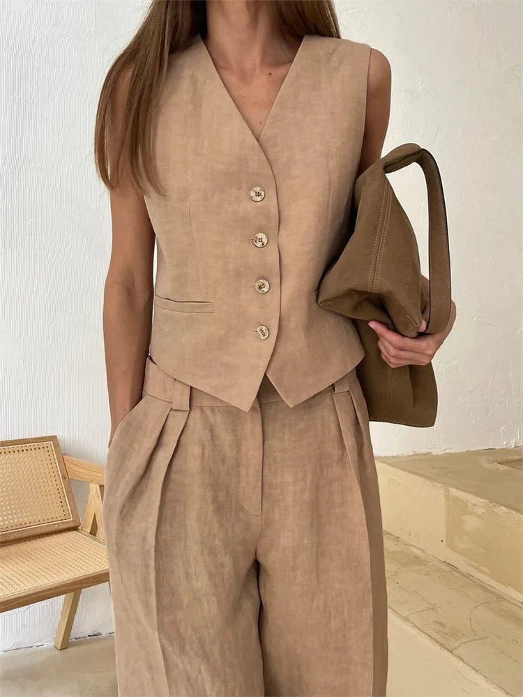Women's Sleeveless Linen Button-Front Vest and Wide-Leg Trousers Set