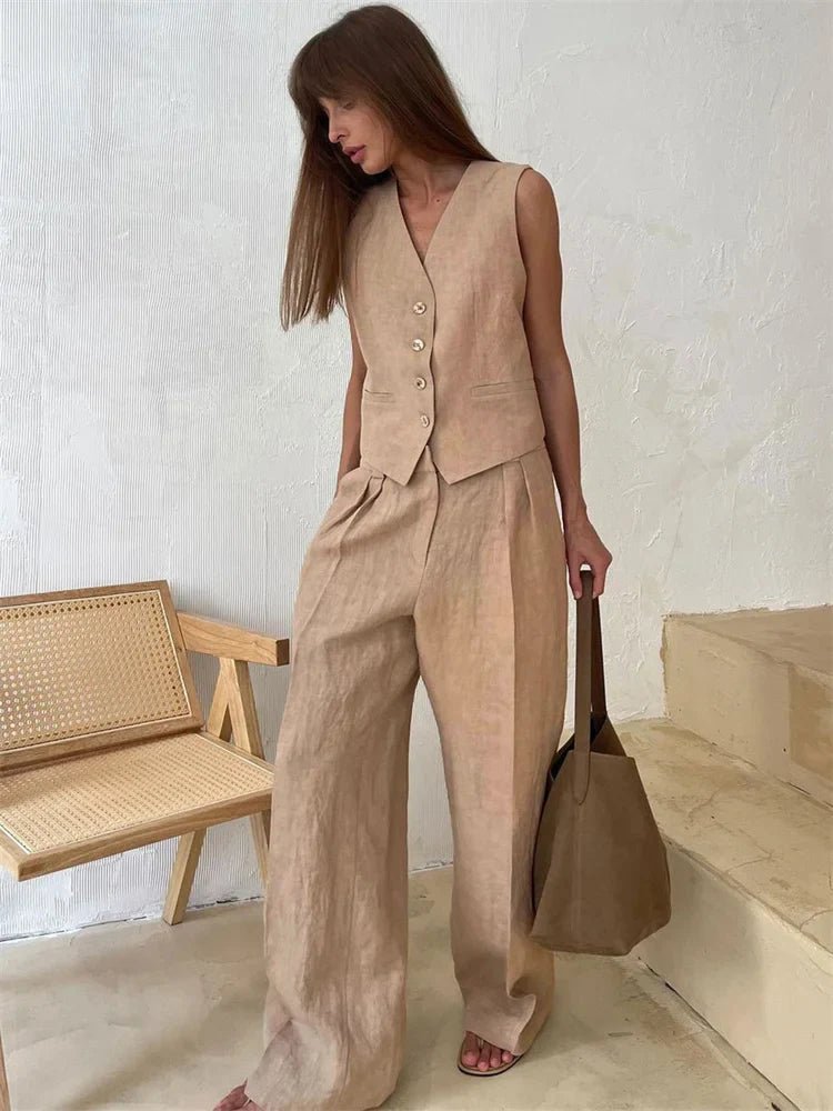 Women's Sleeveless Linen Button-Front Vest and Wide-Leg Trousers Set