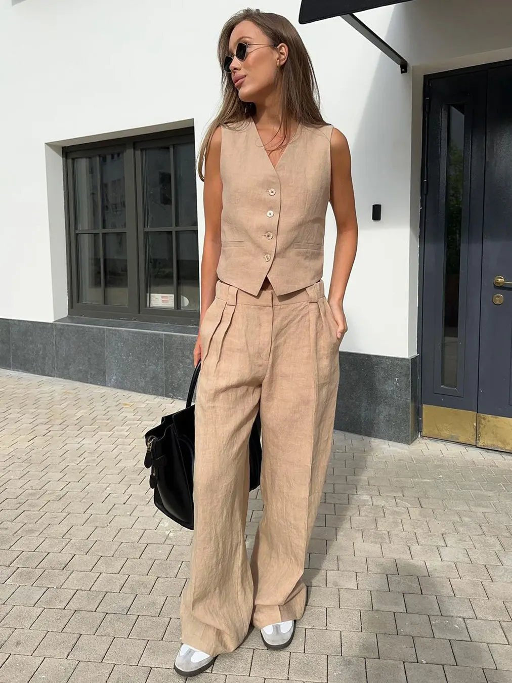 Women's Sleeveless Linen Button-Front Vest and Wide-Leg Trousers Set