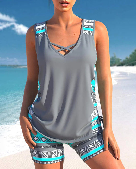 Women's Sleeveless V-Neck Two-Piece Tankini Set