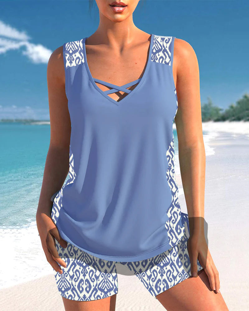Women's Sleeveless V-Neck Two-Piece Tankini Set