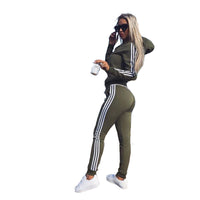 Women's Sporty Striped Workout Set - Hooded Jacket & Tights