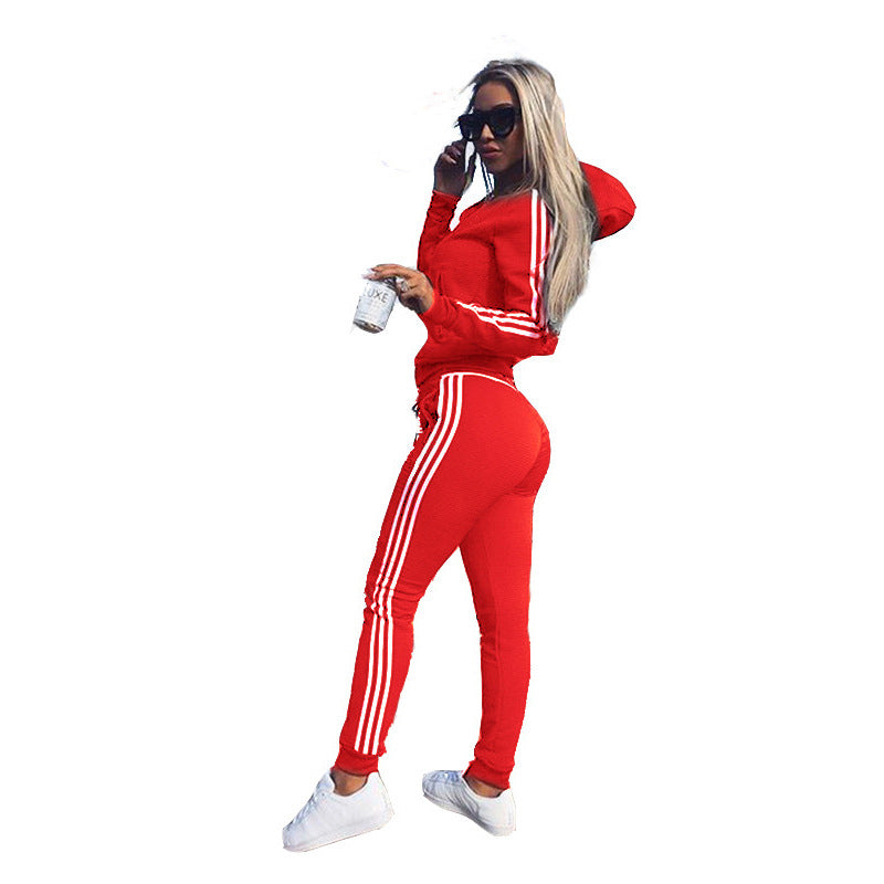 Women's Sporty Striped Workout Set - Hooded Jacket & Tights