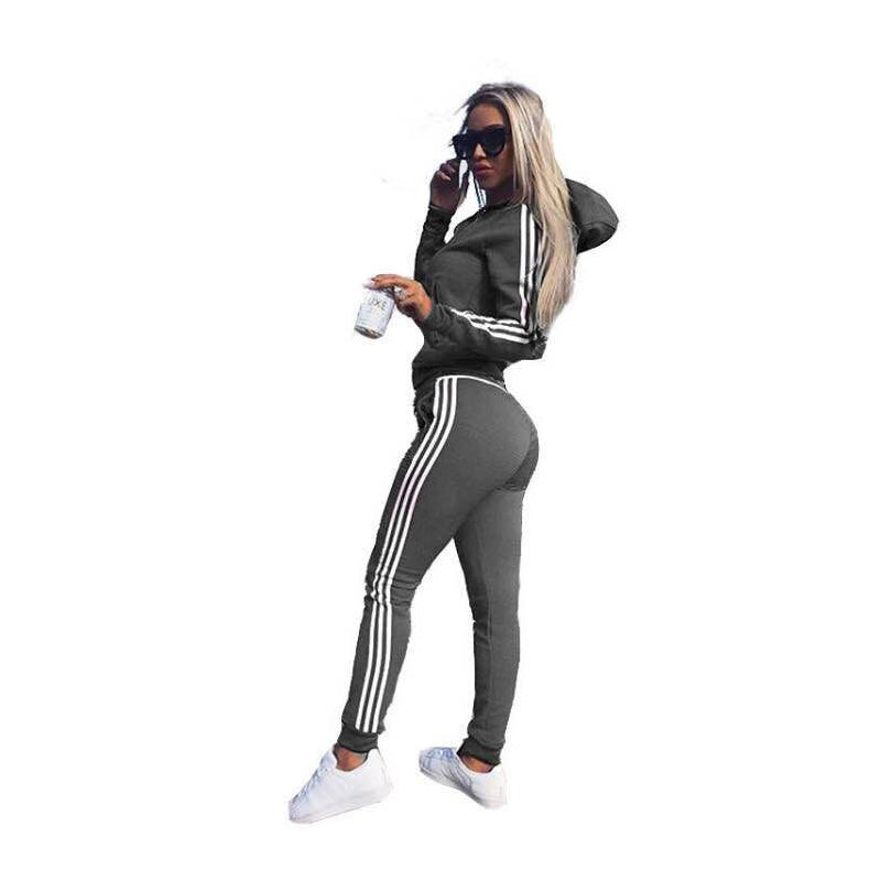 Women's Sporty Striped Workout Set - Hooded Jacket & Tights