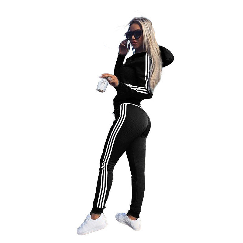 Women's Sporty Striped Workout Set - Hooded Jacket & Tights
