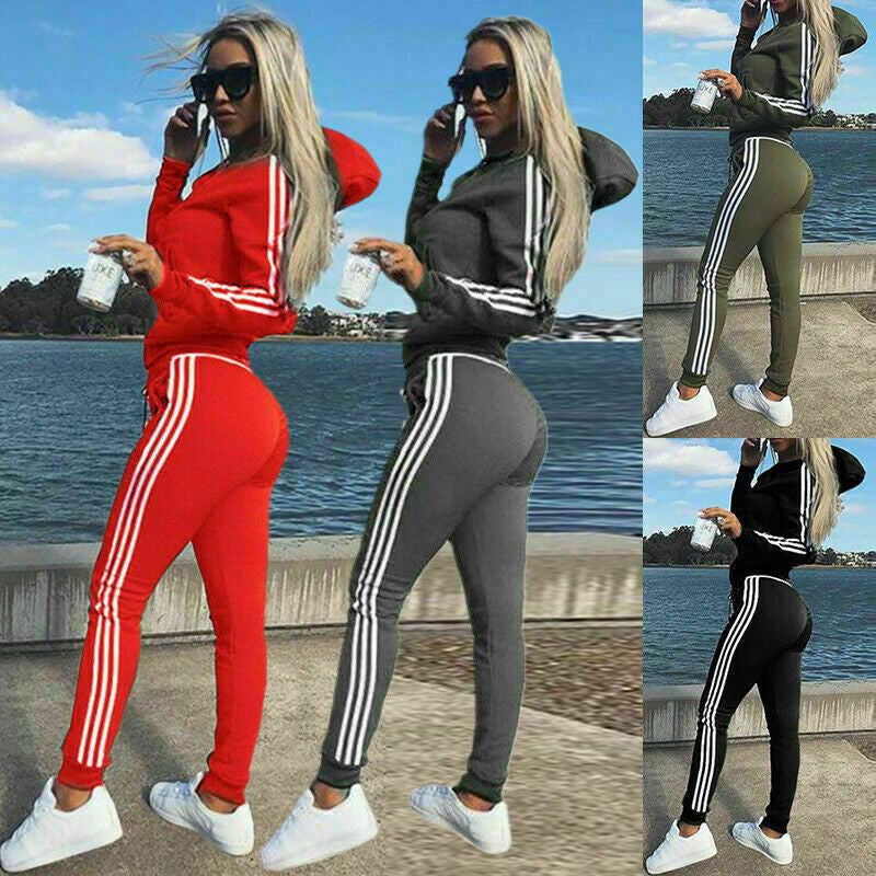 Women's Sporty Striped Workout Set - Hooded Jacket & Tights