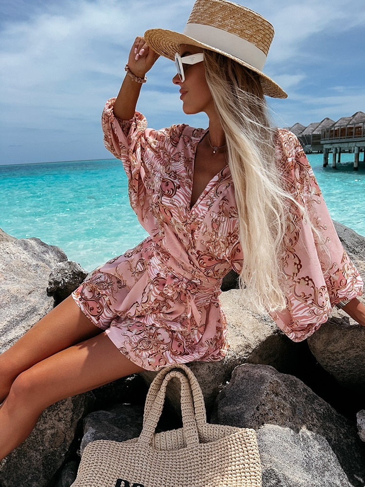 Women's Tropical Print Wrap Top Two-Piece Set