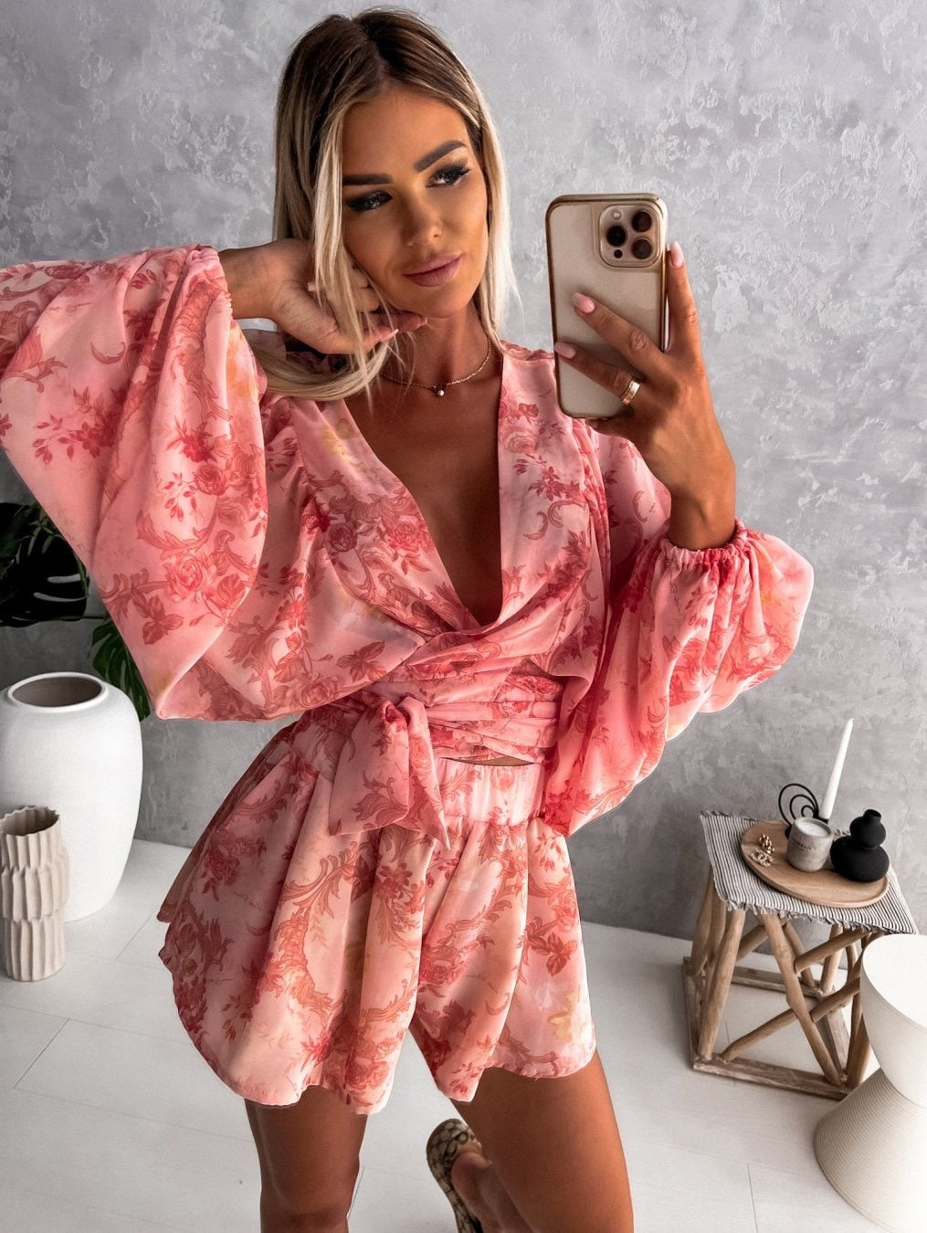Women's Tropical Print Wrap Top Two-Piece Set