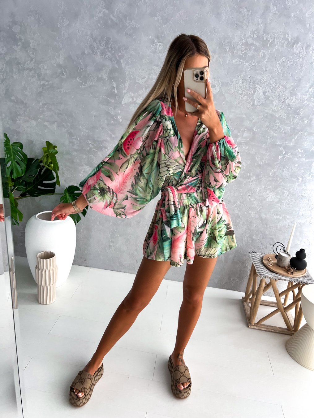 Women's Tropical Print Wrap Top Two-Piece Set