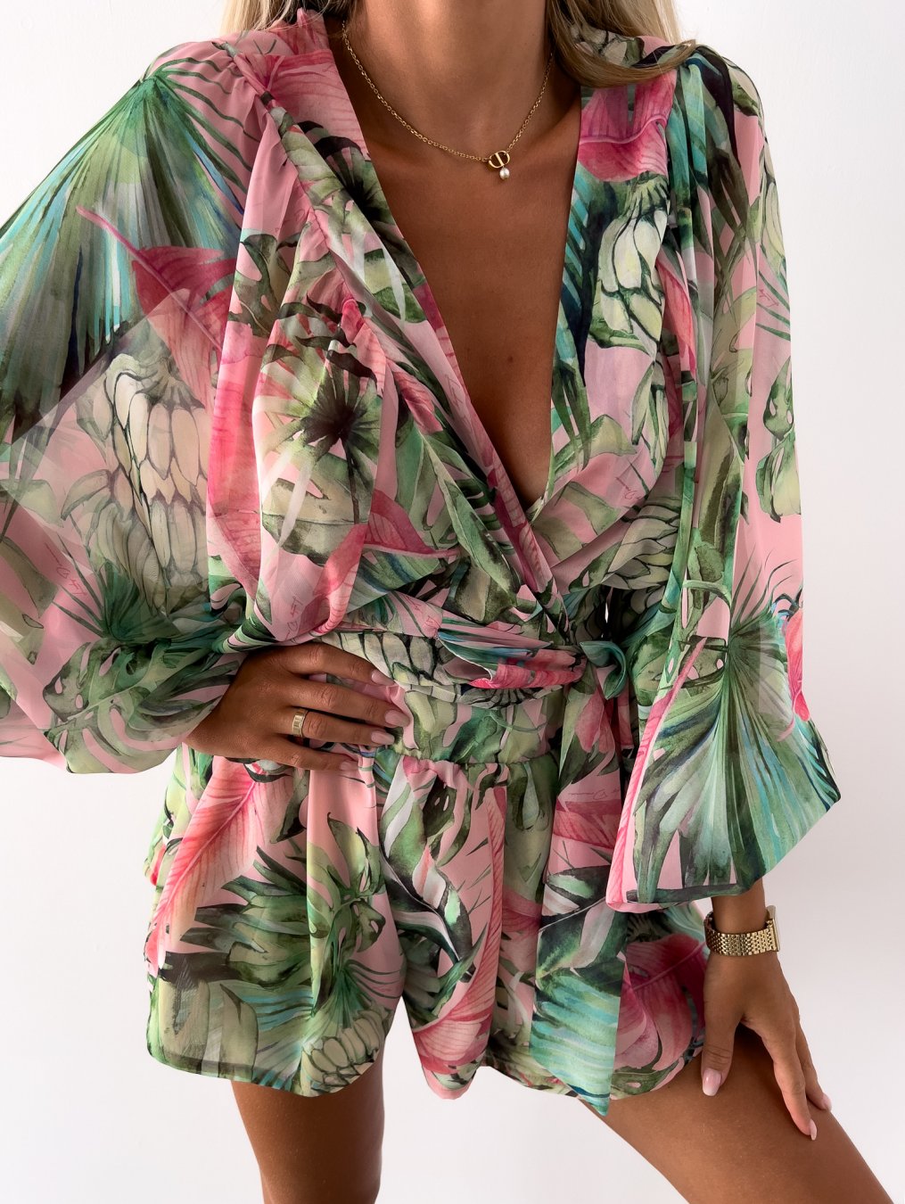 Women's Tropical Print Wrap Top Two-Piece Set