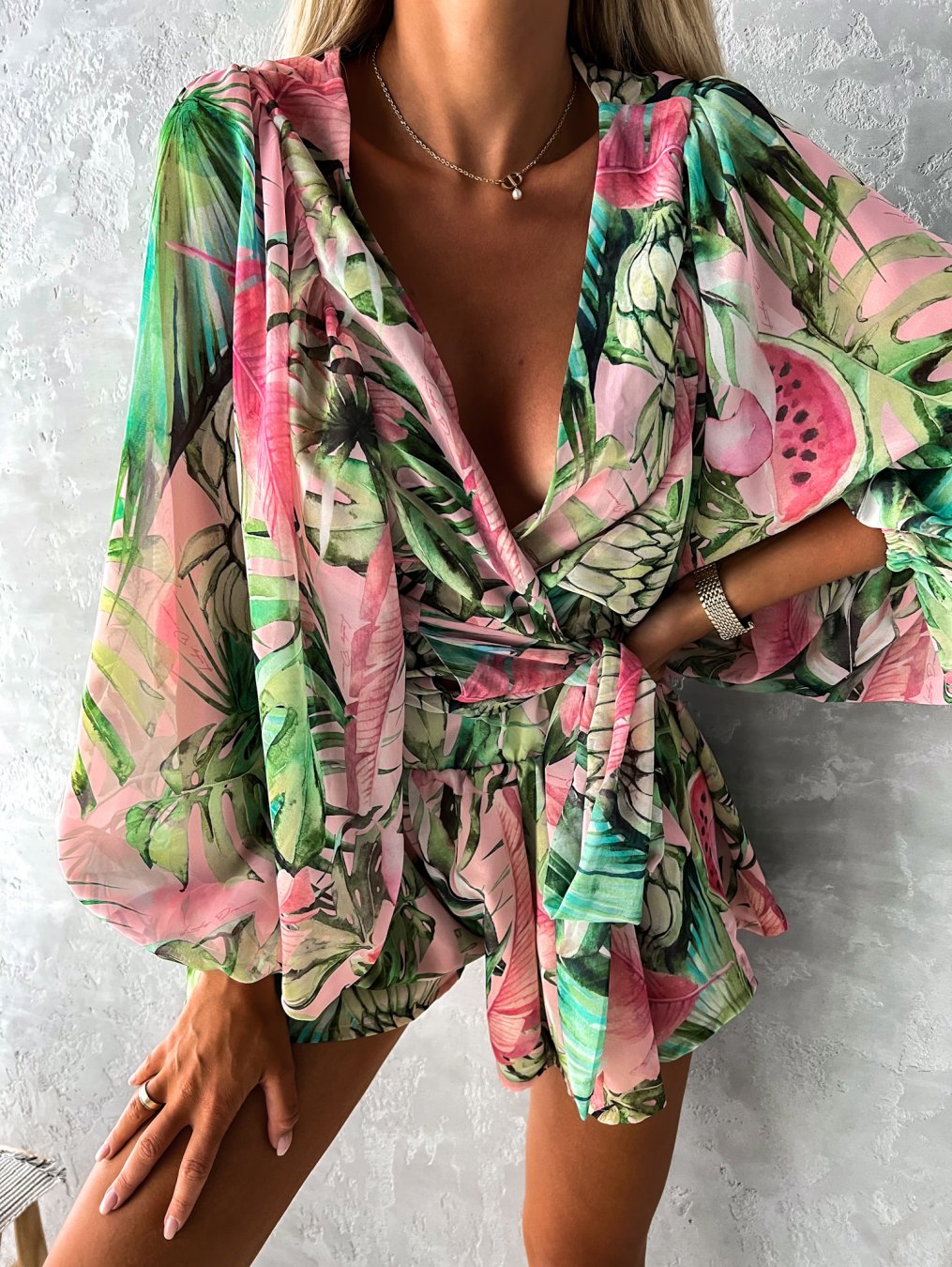 Women's Tropical Print Wrap Top Two-Piece Set