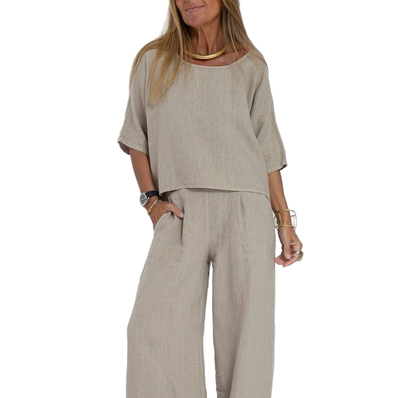 Women's Two-Piece Set – Relaxed Fit – Short-Sleeved Top and Wide-Leg Trousers