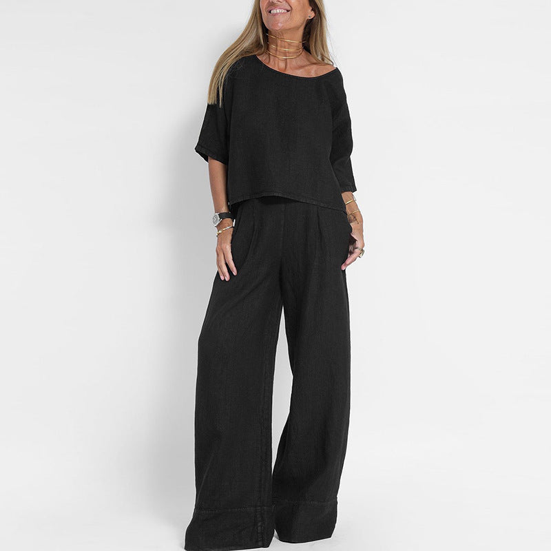 Women's Two-Piece Set – Relaxed Fit – Short-Sleeved Top and Wide-Leg Trousers