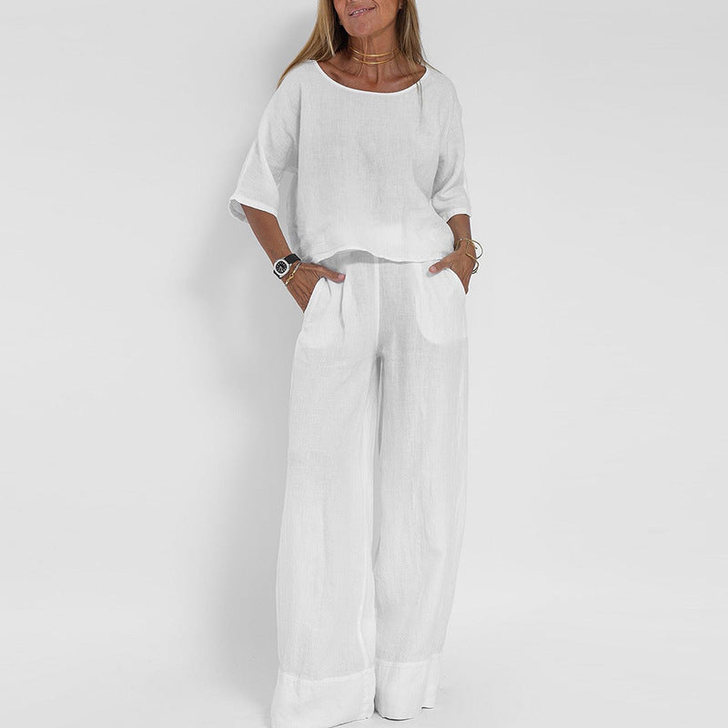 Women's Two-Piece Set – Relaxed Fit – Short-Sleeved Top and Wide-Leg Trousers