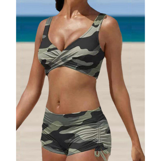 Women's Two-Piece Swimsuit with Ruched Shorts