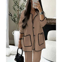 Women's Two-Piece Wool Blend Loose Fit Set with Contrast Trim and Patch Pockets