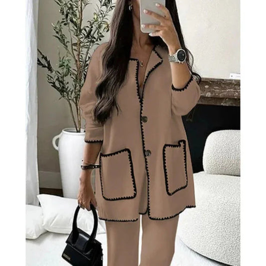 Women's Two-Piece Wool Blend Loose Fit Set with Contrast Trim and Patch Pockets