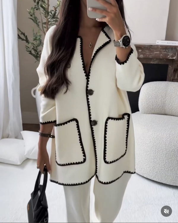 Women's Two-Piece Wool Blend Loose Fit Set with Contrast Trim and Patch Pockets