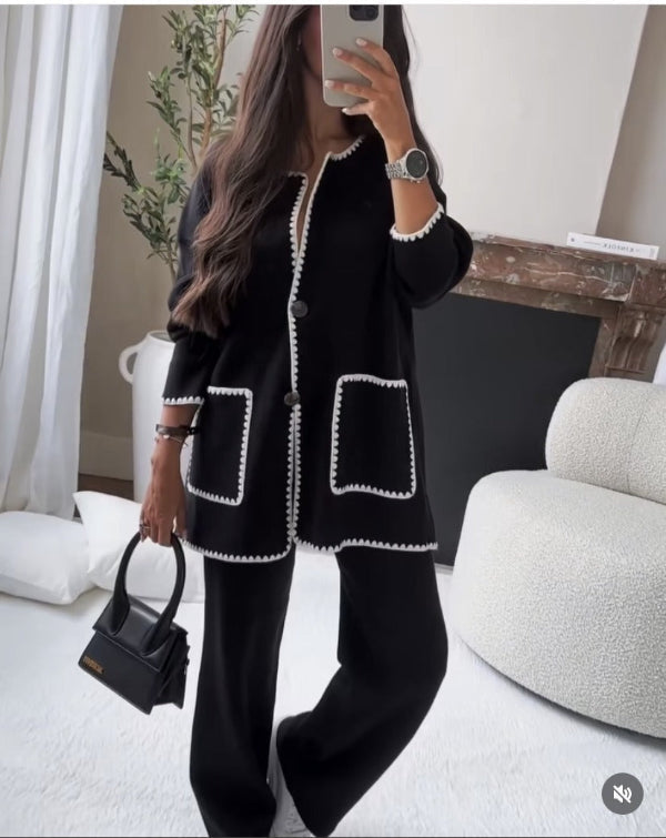 Women's Two-Piece Wool Blend Loose Fit Set with Contrast Trim and Patch Pockets