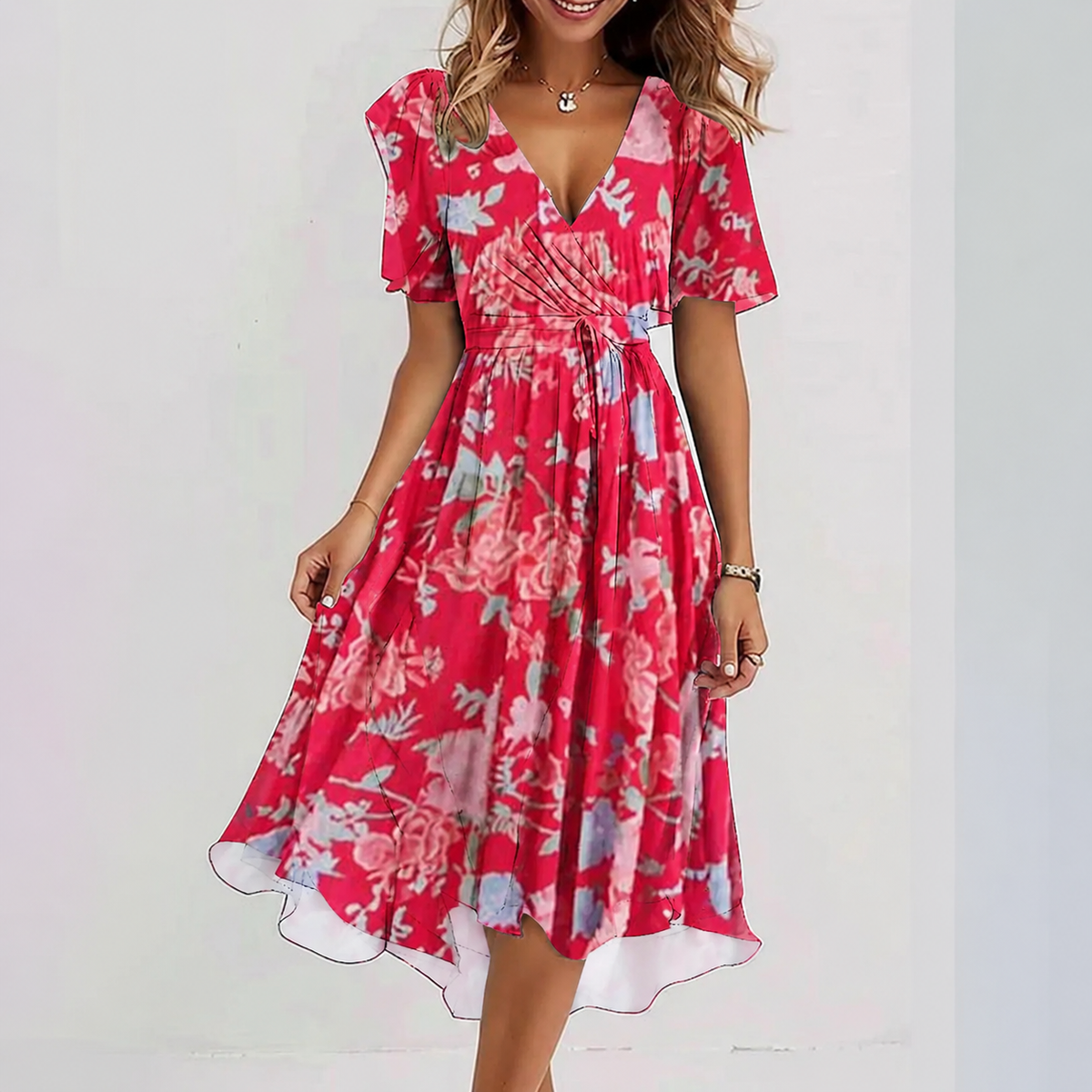 Women's V-Neck Wrap Midi Dress