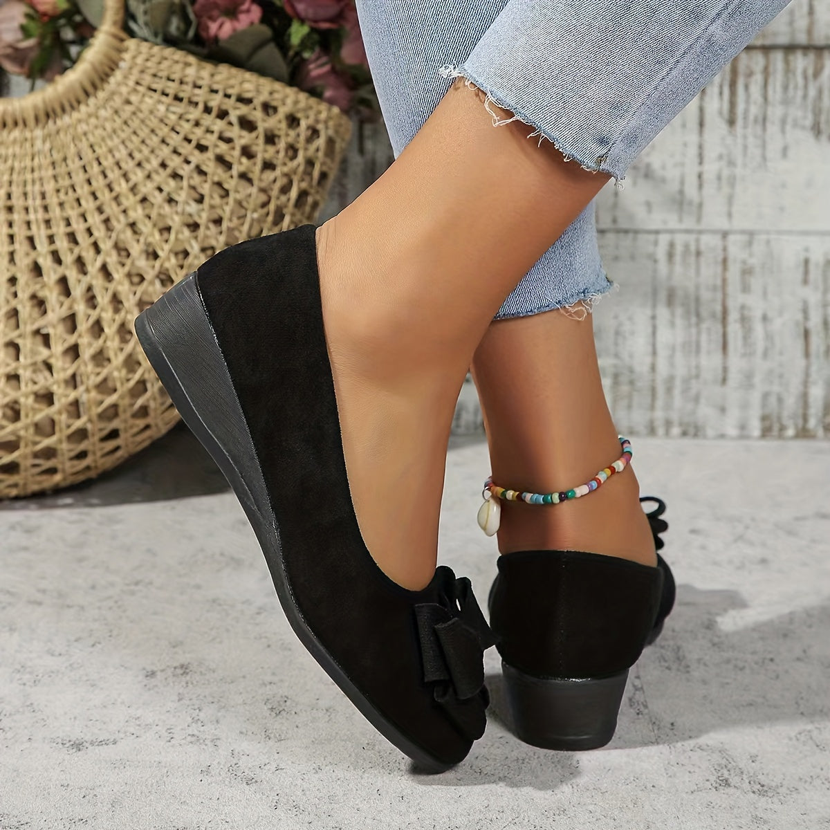 Women's Wedge Shoes with Bow Detail